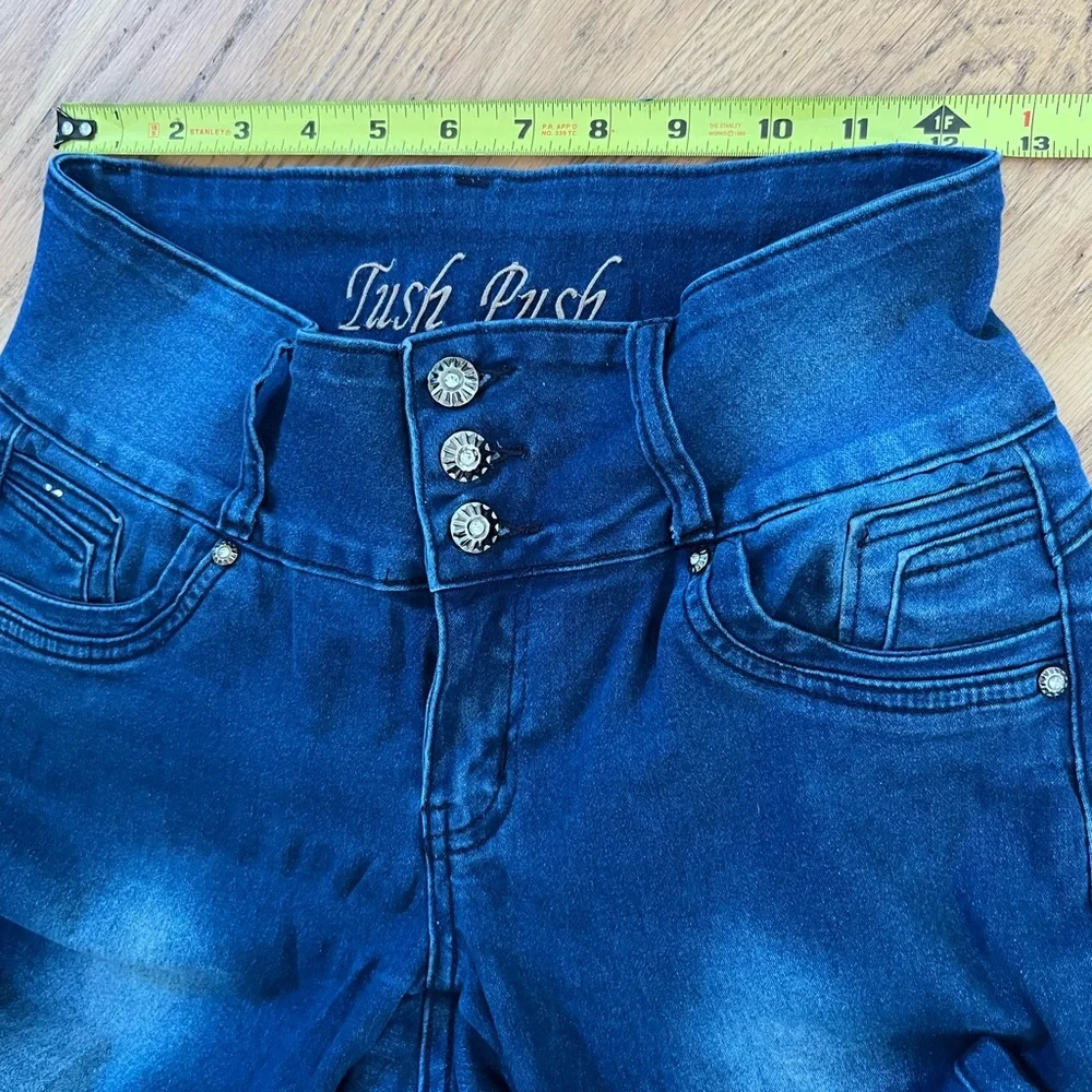 Juniors Ladies Size 7 Tush Push Blue Denim Jeans Crystals Bedazzles  GUC - Picture 5 of 9